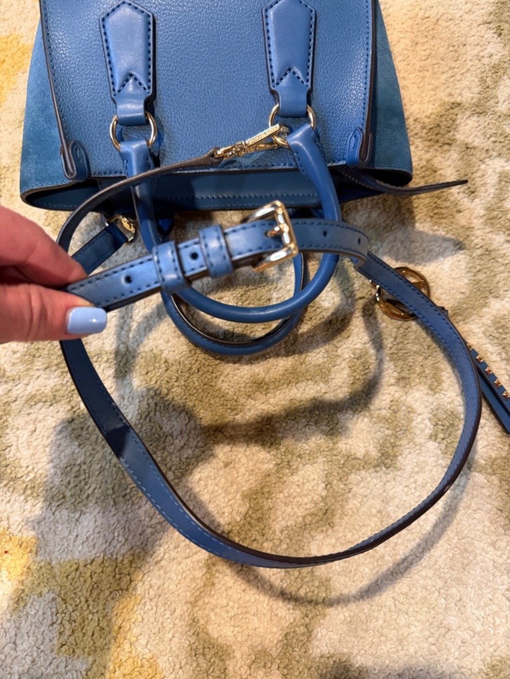 Michael Kors Dark Chambray Leather+Suede Kris Small Satchel Crossbody Purse - Picture 10 of 13